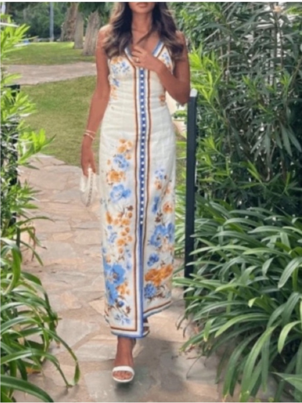 COMMENSE Blue White Floral Print Open Back Midi Dress NWT - Picture 8 of 16